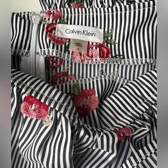 NWT Calvin Klein Striped Floral Embroidery Tie Waist Knee Length Dress Size 6 - Picture 2 of 11